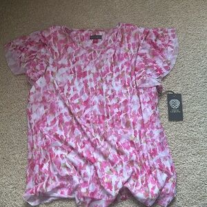 Vince Camuto Pink Floral Ruffle shoulder top
